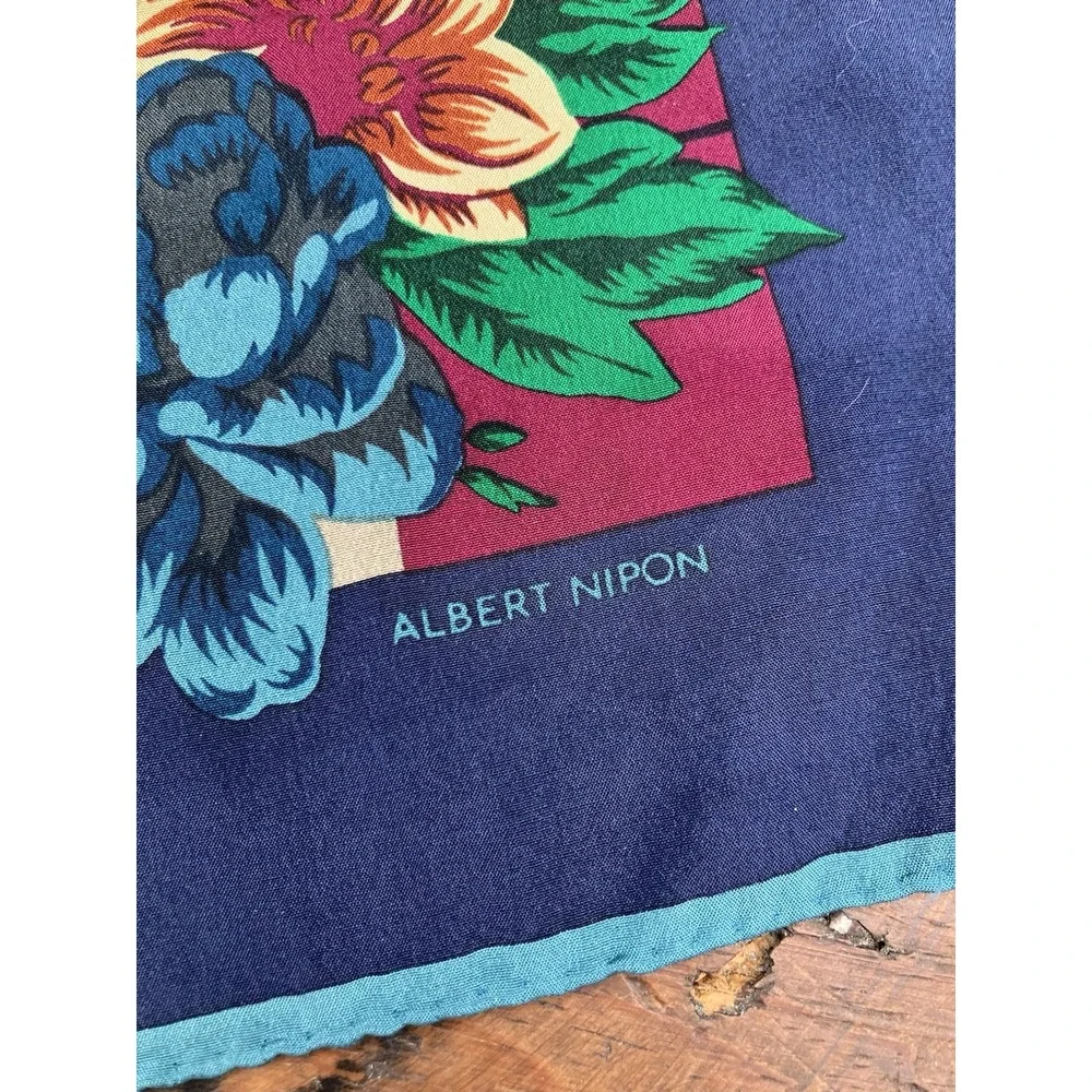 Vintage Albert Nipon Silk Scarf Blue Floral Paisley Checkered Japan 10x52 Inches